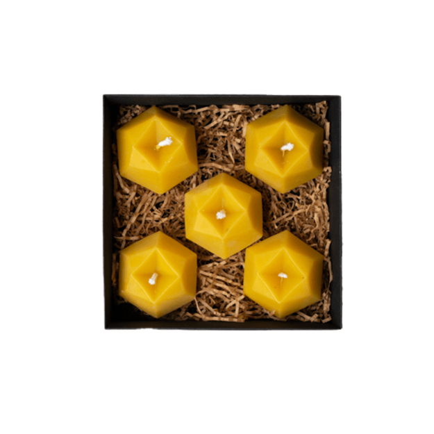 Žvakių rinkinys dėžutėje „Šešiakampiai burbulai”, 5 vnt.